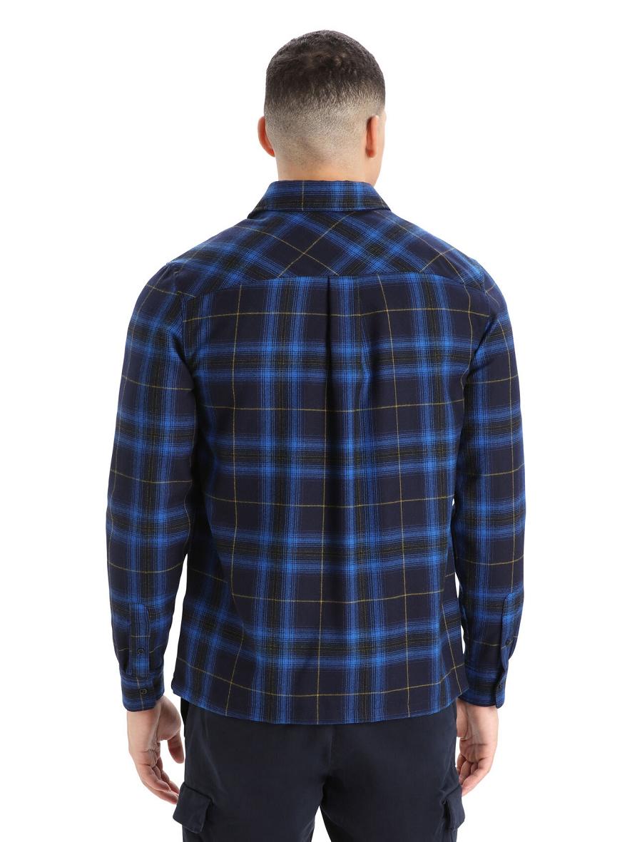 Icebreaker Merino Dawnder Long Sleeve Flannel Shirt Plaid Férfi Kapucnis Pulóver Sötétkék | HU 1255OKIR